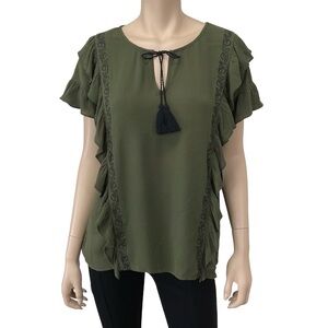 A.n.a. Olive Green Short Sleeve Ruffle Sleeve Top
